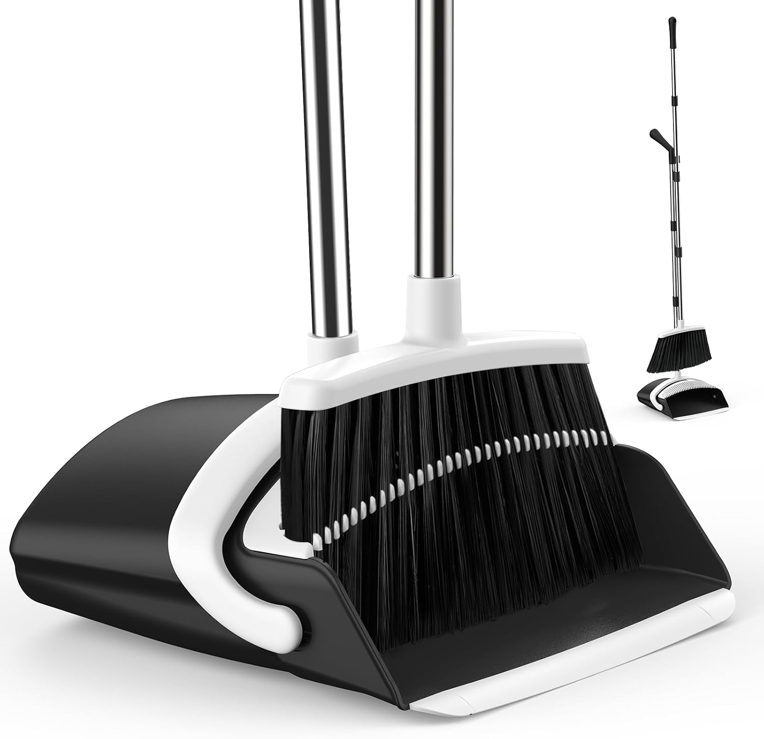 51-Inch Adjustable Long Handle Angle Broom and Dustpan Set with Teeth Black White