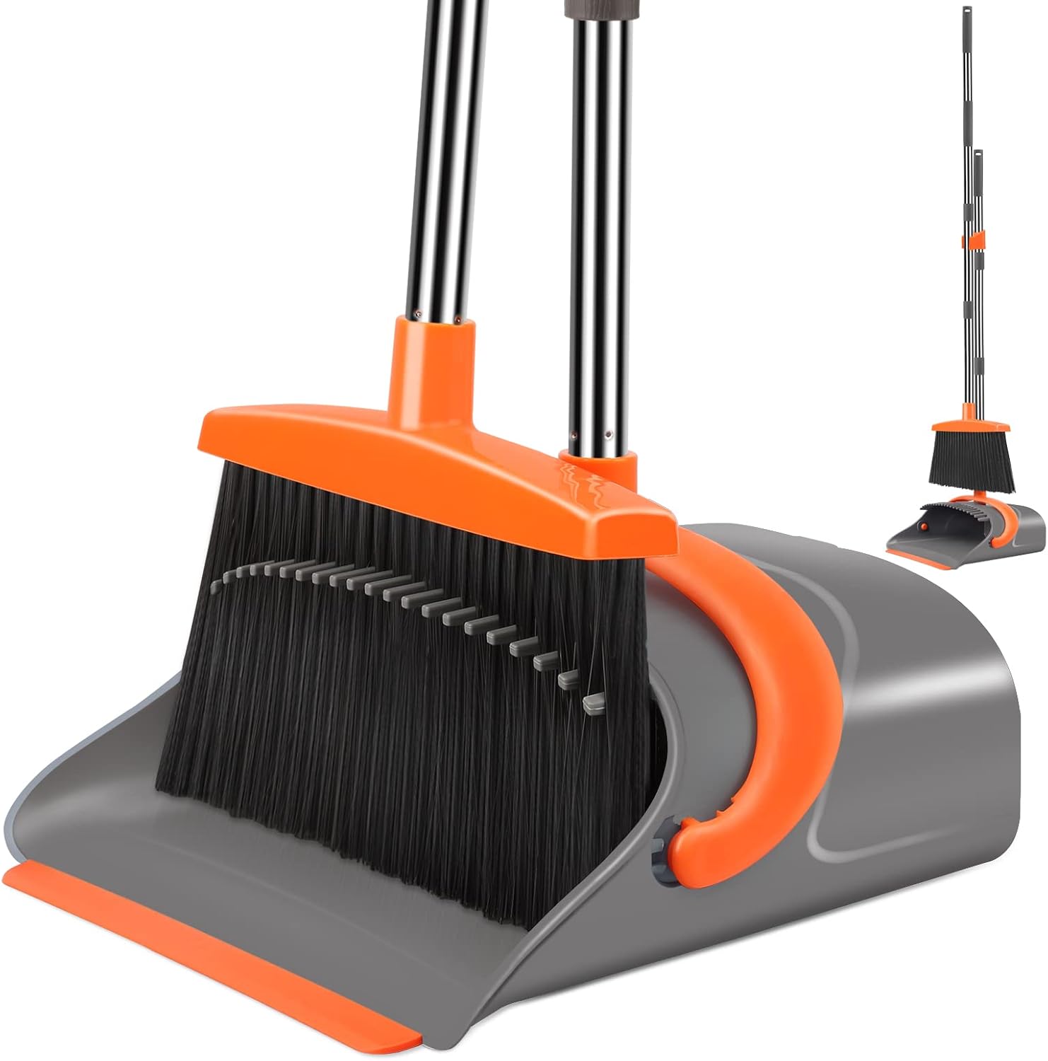 Long Handle Upright Broom and Dustpan Set Indoor Outdoor Gray Orange