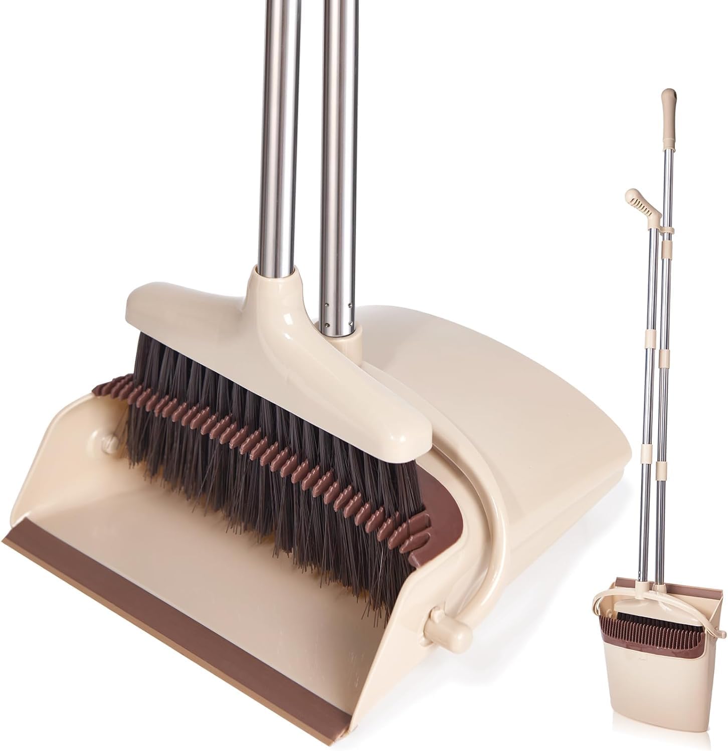 Stainless Steel Long Handle Broom and Upright Dustpan Set Brown Beige