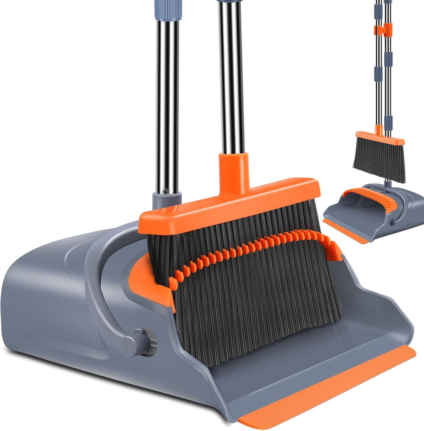 Self-Cleaning Broom and Dustpan Set with Teeth for Pet Hair Gray Orange